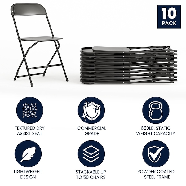 Flash Furniture Hercules Series Plastic Folding Chair Black - 10 Pack 650LB Weight Capacity Comfortable Event Chair-Lightweight Folding Chair - 10-LE-L-3-BK-GG