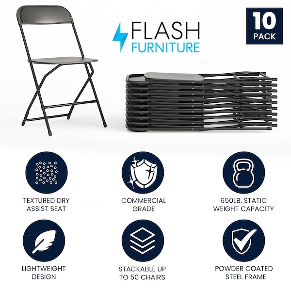 Flash Furniture Hercules Series Plastic Folding Chair Black - 10 Pack 650LB Weight Capacity Comfortable Event Chair-Lightweight Folding Chair - 10-LE-L-3-BK-GG
