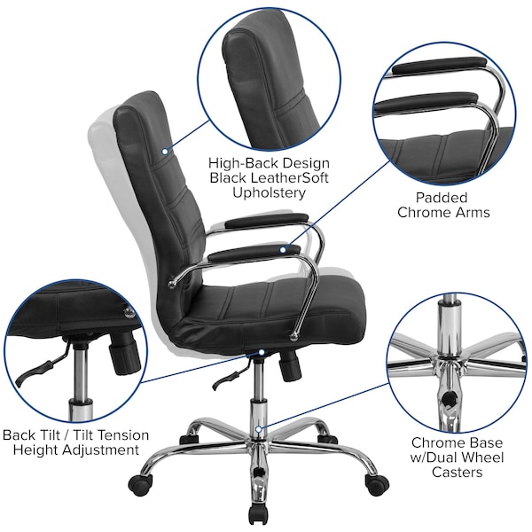 Flash Furniture High Back Black LeatherSoft Executive Swivel Office Chair with Chrome Frame and Arms - GO-2286H-BK-GG