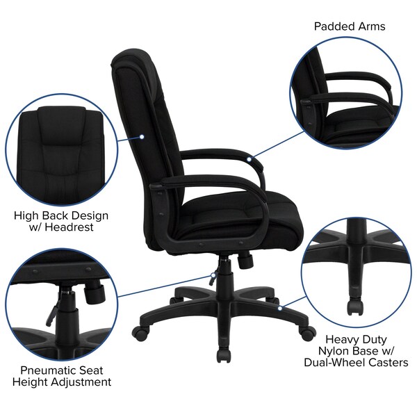 Flash Furniture Contemporary Chair Black High Back Exec Fab Chair, Fixed Arms, 18-1/2" to 22-1/2" Height, Fabric - GO-5301B-BK-GG