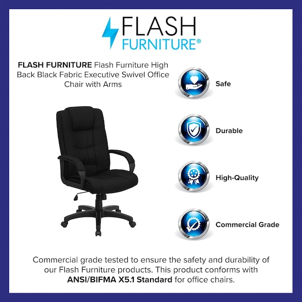 Flash Furniture Contemporary Chair Black High Back Exec Fab Chair, Fixed Arms, 18-1/2" to 22-1/2" Height, Fabric - GO-5301B-BK-GG