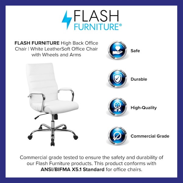 Flash Furniture Contemporary Chair White High Back Exec Chair, Fixed Arms, 18-1/4" to 22-1/4" Height - GO-2286H-WH-GG