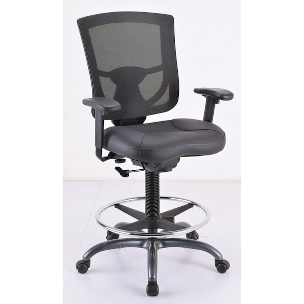 Officesource CoolMesh Pro Back Stool with Adjustable Arms, Upholstered Leather Seat, Footring and Black Base - OSST7901LBK