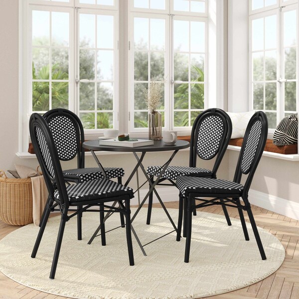 Flash Furniture Lourdes Thonet French Bistro Stacking Chair, Black and White PE Rattan and Black Alum Frame, 4PK - 4-SDA-AD642002S-BKWH-BK-GG