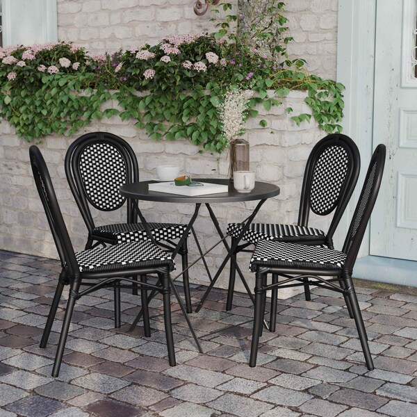 Flash Furniture Lourdes Thonet French Bistro Stacking Chair, Black and White PE Rattan and Black Alum Frame, 4PK - 4-SDA-AD642002S-BKWH-BK-GG