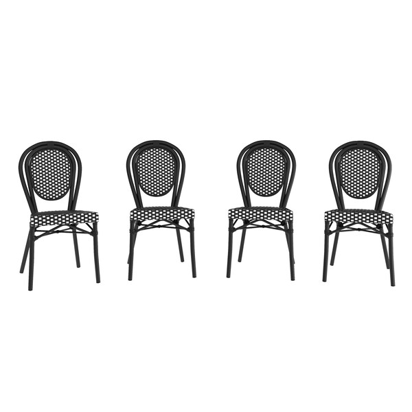 Flash Furniture Lourdes Thonet French Bistro Stacking Chair, Black and White PE Rattan and Black Alum Frame, 4PK - 4-SDA-AD642002S-BKWH-BK-GG