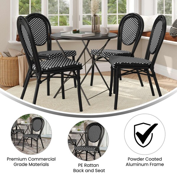 Flash Furniture Lourdes Thonet French Bistro Stacking Chair, Black and White PE Rattan and Black Alum Frame, 4PK - 4-SDA-AD642002S-BKWH-BK-GG
