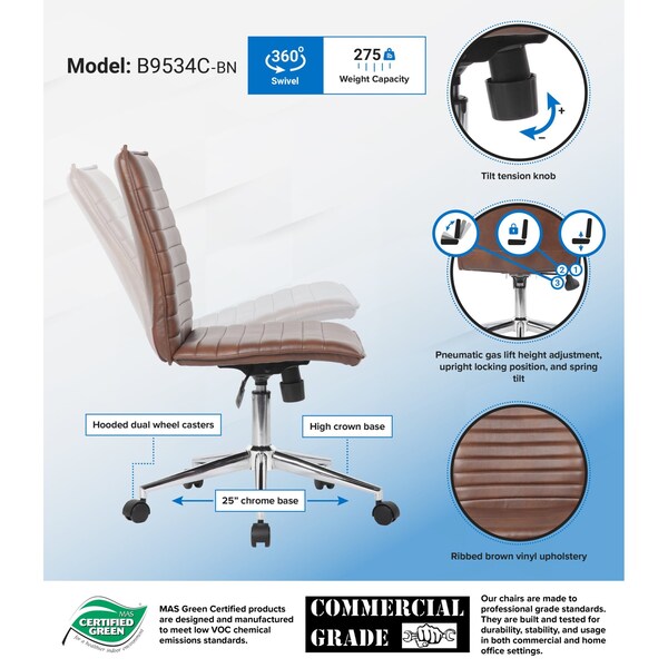 Boss Office Products Task Chair, Armless in Brown Vinyl, Chrome Base - B9534C-BN