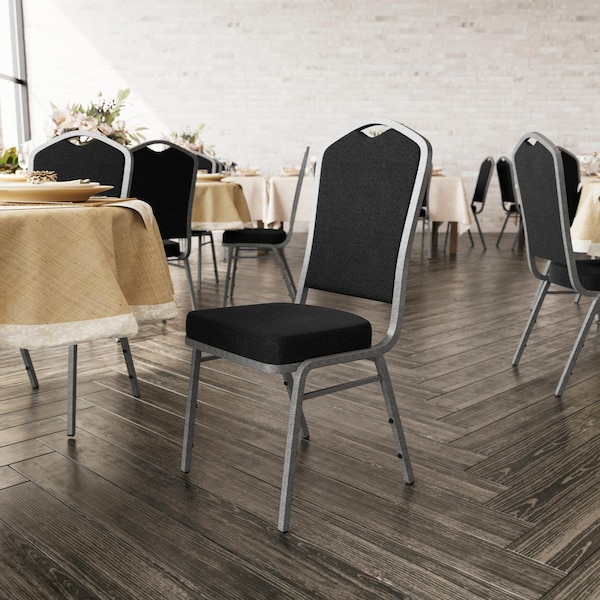 Flash Furniture HERCULES Series Crown Back Stacking Banquet Chair in Black Fabric - Silver Vein Frame - FD-C01-SILVERVEIN-BK-BK-GG
