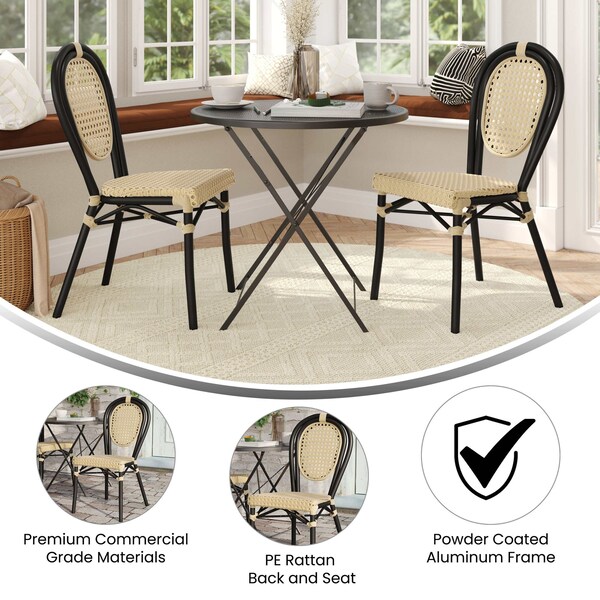 Flash Furniture Cannes Thonet French Bistro Stacking Chair, Natural PE Cane Rattan and Black Aluminum Frame, 2PK - 2-SDA-AD642110-1-NAT-BK-GG