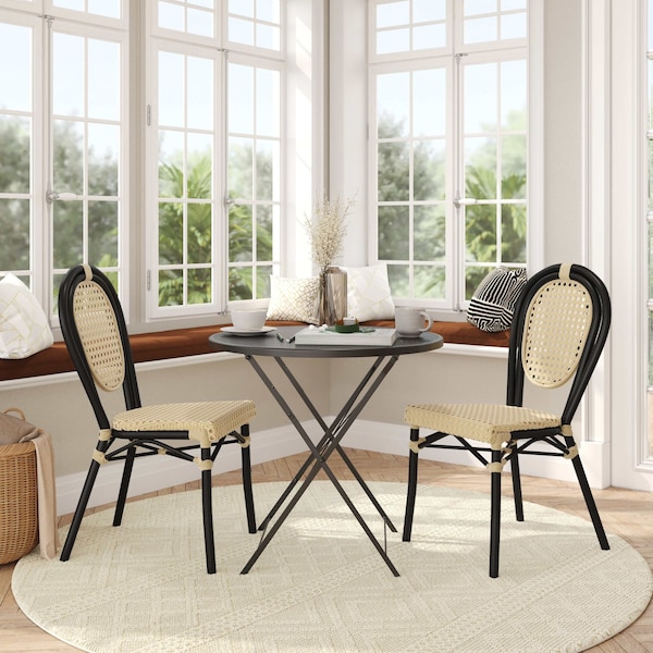 Flash Furniture Cannes Thonet French Bistro Stacking Chair, Natural PE Cane Rattan and Black Aluminum Frame, 2PK - 2-SDA-AD642110-1-NAT-BK-GG