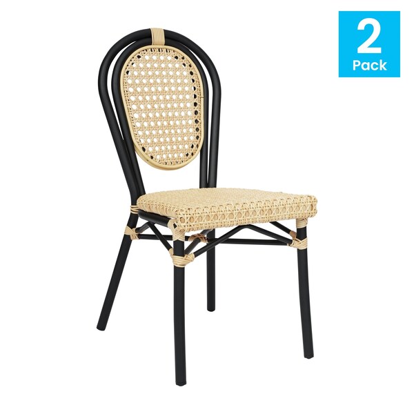 Flash Furniture Cannes Thonet French Bistro Stacking Chair, Natural PE Cane Rattan and Black Aluminum Frame, 2PK - 2-SDA-AD642110-1-NAT-BK-GG