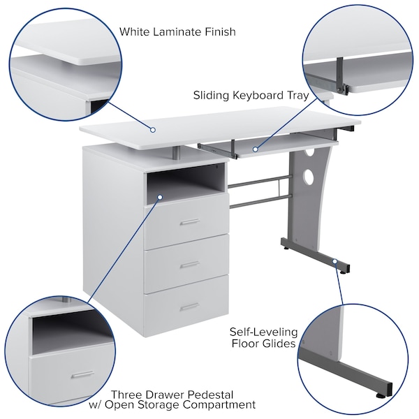 Flash Furniture White Desk with Three Drawer Pedestal an - NAN-WK-008-WH-GG