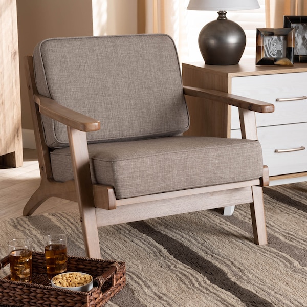 Baxton Studio Sigrid Light Grey Upholstered Antique Oak Finished Wood Armchair - 162-10566
