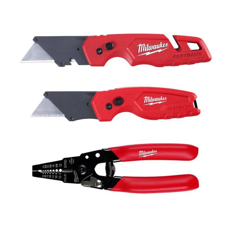 Milwaukee FASTBACK Folding Utility Knife and Compact Folding Utility Knife with 10-24 AWG Compact Wire Stripper/Cutter (3-Piece) - 48-22-1503-48-22-3043