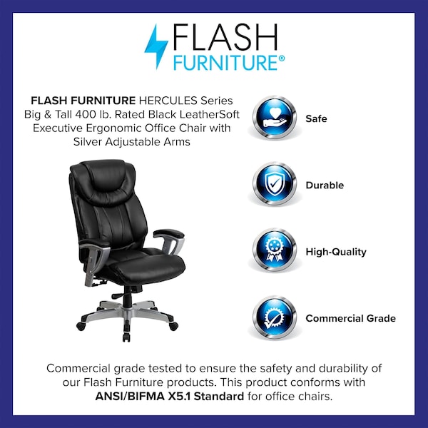 Flash Furniture Hercules Office Chair, Black Back, 30 in W 31" L 48-1/2" H, Height and Width Adjustable Padded - GO-1534-BK-LEA-GG