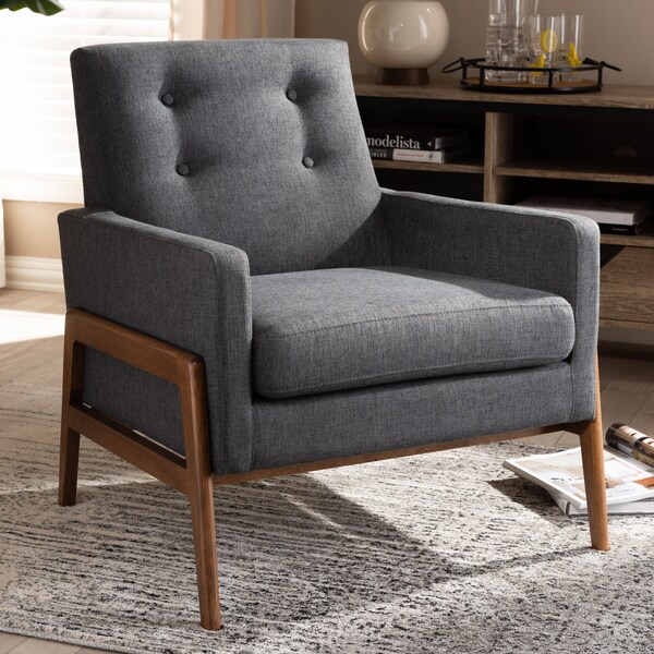 Baxton Studio Perris Dark Grey Upholstered Walnut Wood Lounge Chair - 150-8742