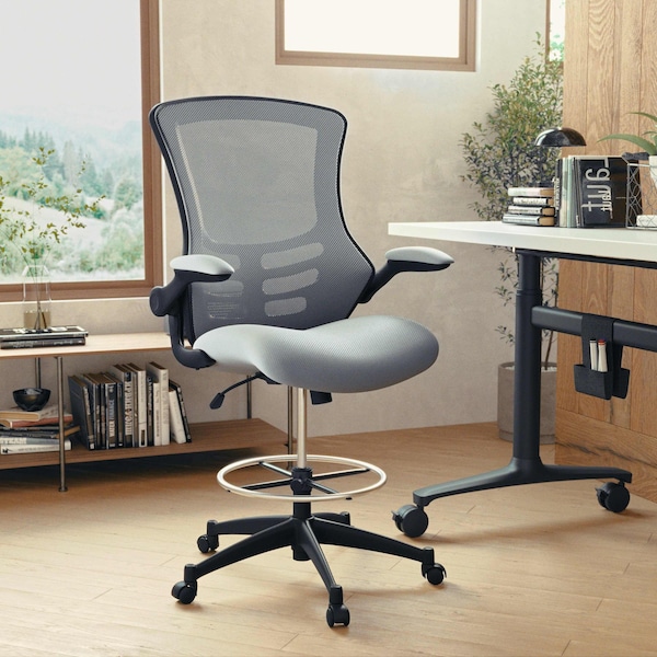 Flash Furniture Kelista Mid-Back Dark Gray Mesh Ergonomic Drafting Chair with Adjustable Foot Ring and Flip-Up Arms - BL-X-5M-D-DKGY-GG