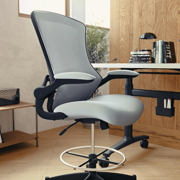 Flash Furniture Kelista Mid-Back Dark Gray Mesh Ergonomic Drafting Chair with Adjustable Foot Ring and Flip-Up Arms - BL-X-5M-D-DKGY-GG