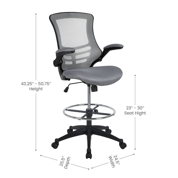 Flash Furniture Kelista Mid-Back Dark Gray Mesh Ergonomic Drafting Chair with Adjustable Foot Ring and Flip-Up Arms - BL-X-5M-D-DKGY-GG