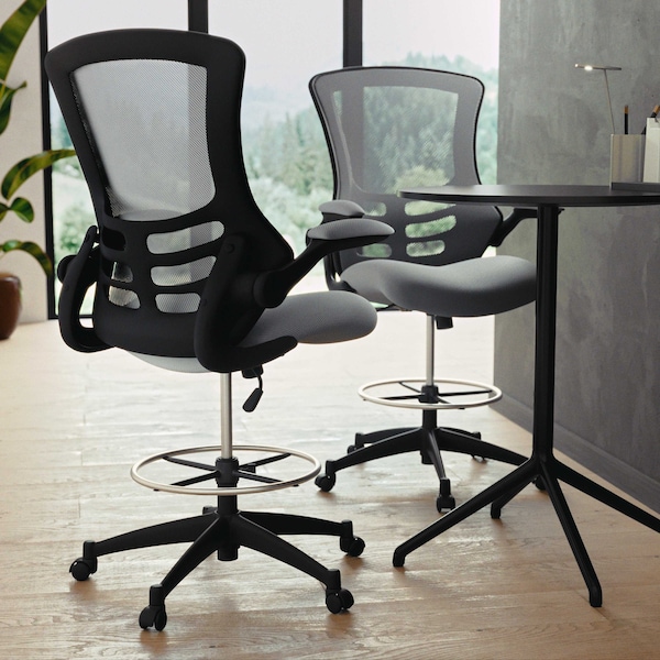 Flash Furniture Kelista Mid-Back Dark Gray Mesh Ergonomic Drafting Chair with Adjustable Foot Ring and Flip-Up Arms - BL-X-5M-D-DKGY-GG