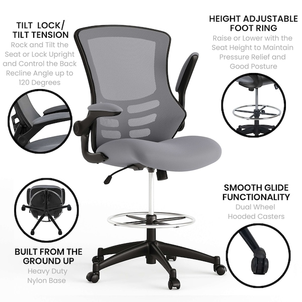 Flash Furniture Kelista Mid-Back Dark Gray Mesh Ergonomic Drafting Chair with Adjustable Foot Ring and Flip-Up Arms - BL-X-5M-D-DKGY-GG