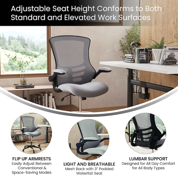 Flash Furniture Kelista Mid-Back Dark Gray Mesh Ergonomic Drafting Chair with Adjustable Foot Ring and Flip-Up Arms - BL-X-5M-D-DKGY-GG