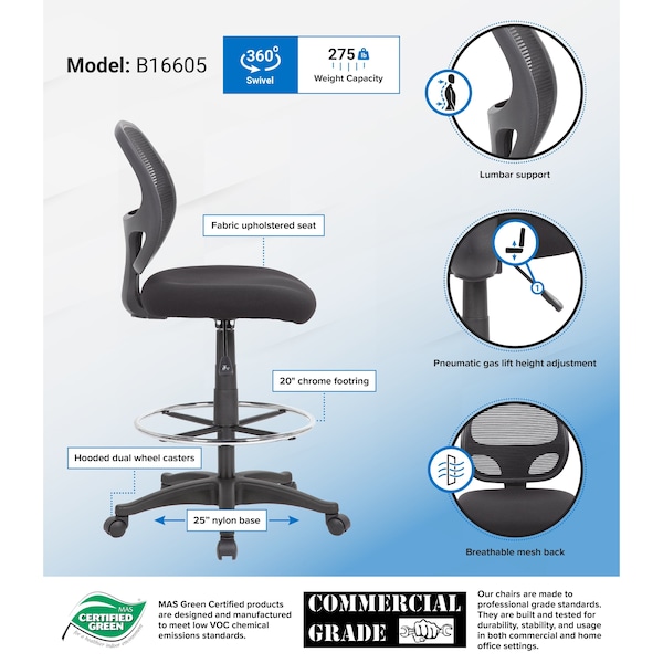 Boss Office Products Commercial Grade Mesh Drafting Chair - Armless - B16605