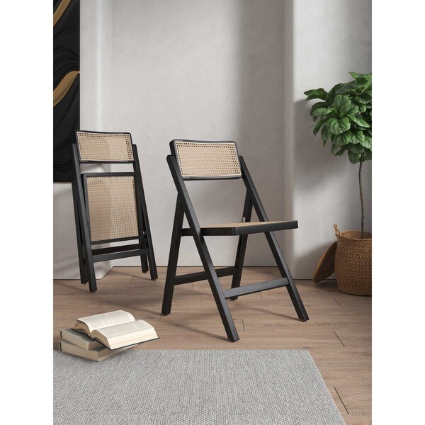 Manhattan Comfort Pullman Folding Dining Chair in Black and Natural Cane , Set of 2 - DCCA08-BK