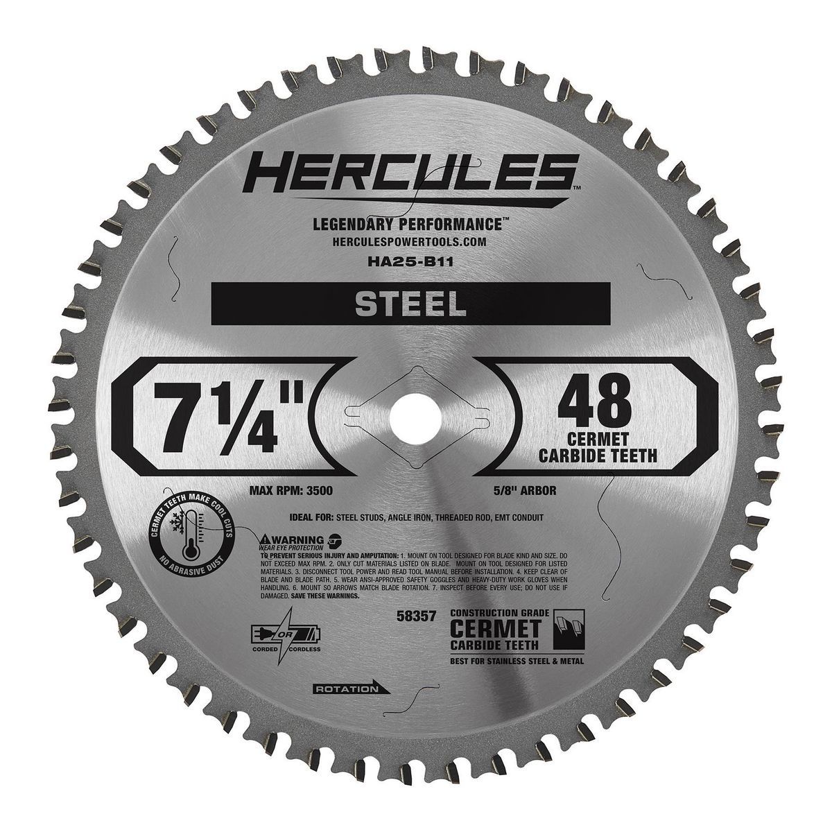 Hoja de sierra circular para corte de acero Hercules de 7-1/4 pulgadas, 48 dientes - 58357