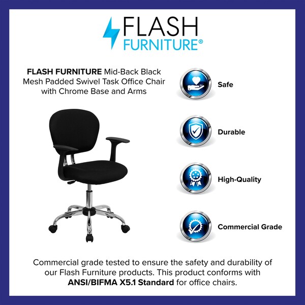 Flash Furniture Task Chair, 17-1/4" to 21", Fixed Arms, Black - H-2376-F-BK-ARMS-GG