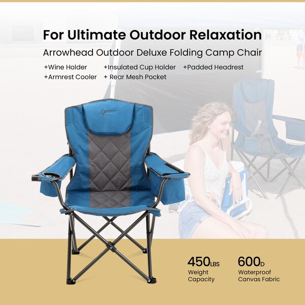 Arrowhead Outdoor Portable Folding Camping Quad Chair with 6-Can Armrest Cooler, Ocean Blue - KKS0273U