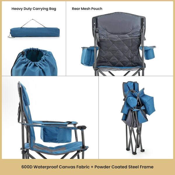 Arrowhead Outdoor Portable Folding Camping Quad Chair with 6-Can Armrest Cooler, Ocean Blue - KKS0273U