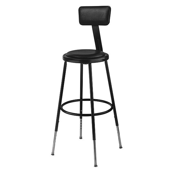 National Public Seating Stool w/Back, Steel, Vinyl, Blk, 14" dia. - 6424HB-10