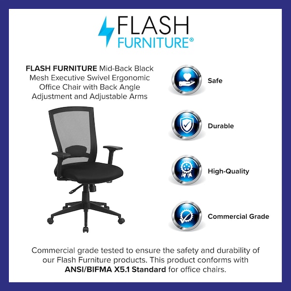Flash Furniture Contemporary Chair Mid-Back Exec Chair, Black, Adjustable Arms, 17-1/2" to 20-1/2" Height, Mesh - HL-0004K-GG