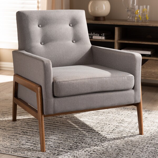 Baxton Studio Perris Grey Upholstered Walnut Wood Lounge Chair - 150-8741