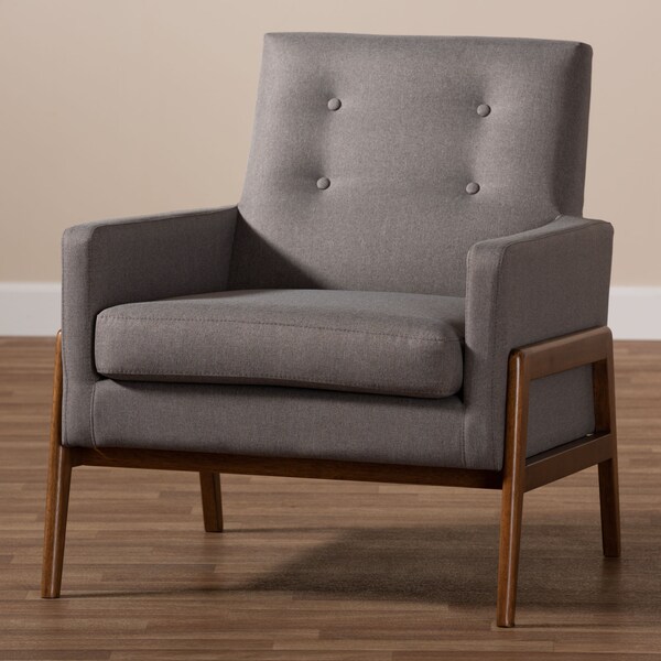 Baxton Studio Perris Grey Upholstered Walnut Wood Lounge Chair - 150-8741
