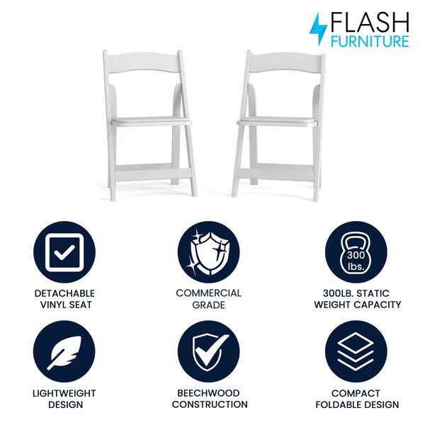 Flash Furniture HERCULES Series White Wood Folding Chair with Vinyl Padded Seat - 2-XF-2901-WH-WOOD-GG