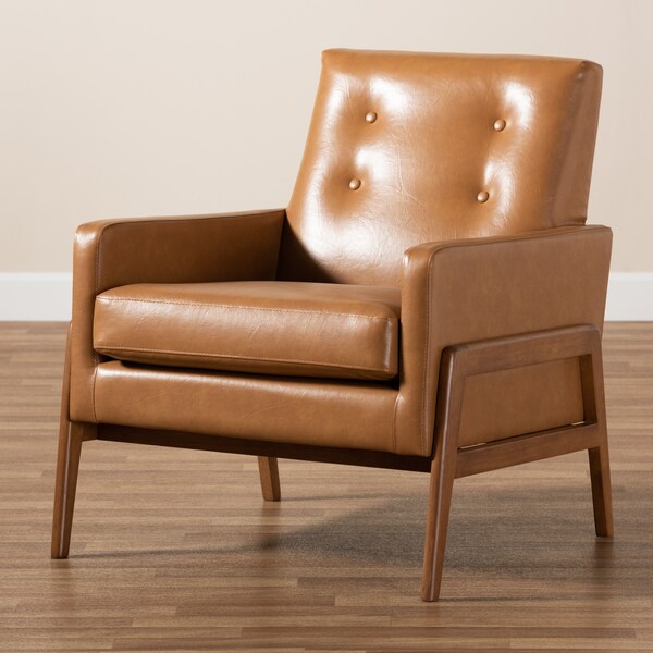 Baxton Studio Perris Mid-Century Modern Tan Faux Leather and Walnut Brown Finished Wood Lounge Chair - 175-10869-ZORO