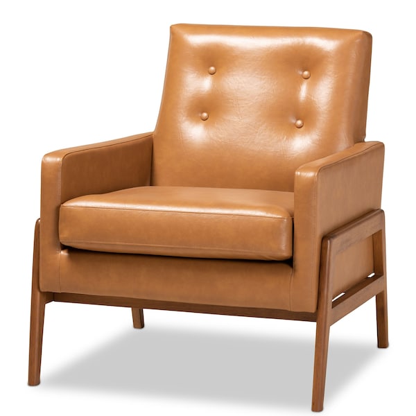 Baxton Studio Perris Mid-Century Modern Tan Faux Leather and Walnut Brown Finished Wood Lounge Chair - 175-10869-ZORO
