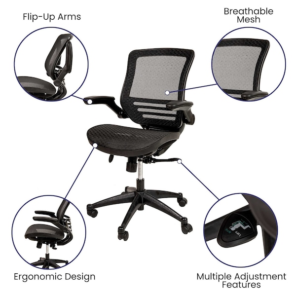 Flash Furniture Black Mid-Back Mesh Office Chair with Flip-Up Arms - BL-8801X-BK-GG