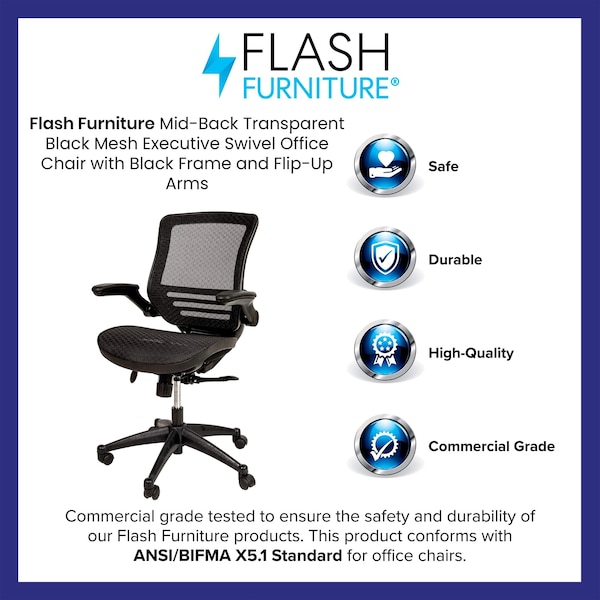 Flash Furniture Black Mid-Back Mesh Office Chair with Flip-Up Arms - BL-8801X-BK-GG