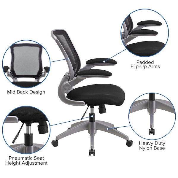 Flash Furniture Mesh Task Chair, 21-, Padded Flip-up, Back, Seat: Black; Frame: Gray - BL-ZP-8805-BK-GG