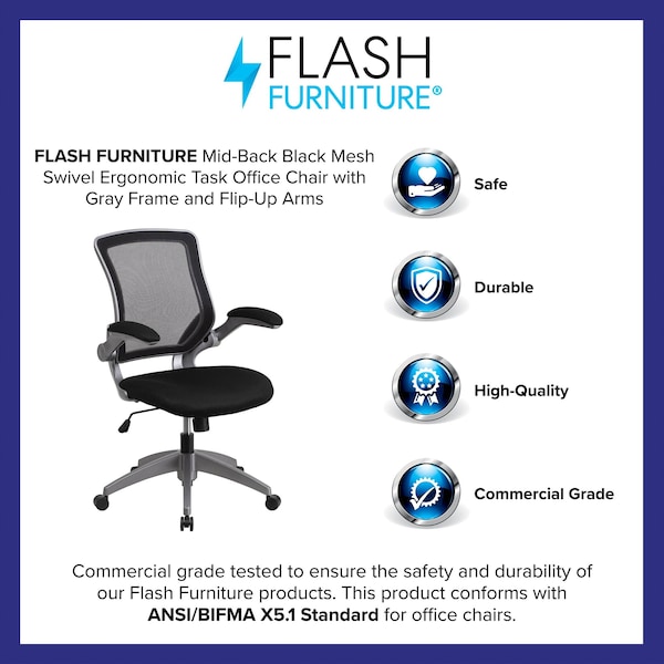 Flash Furniture Mesh Task Chair, 21-, Padded Flip-up, Back, Seat: Black; Frame: Gray - BL-ZP-8805-BK-GG