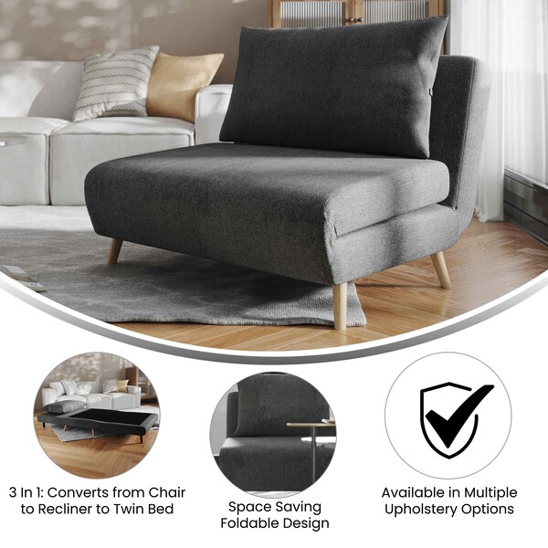 Flash Furniture Shaw Convertible Tri-Fold Sleeper Chair w/ Pillow, Channel Stitching and Hideaway Legs in Dark Gray - BO-BS-BS031-DKGRY-GG
