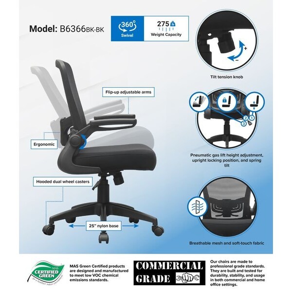Boss Office Products Deluxe Task Chair, Black Frame, Black Mesh and Fabric with Flip Arms - B6366BK-BK