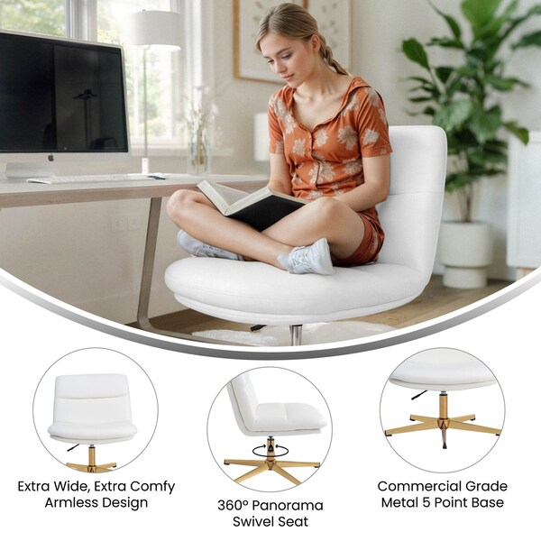 Flash Furniture Chloe Wide Mid-Back White Padded LeatherSoft Armless Office Chair, Swivel Function, Gold Frame - CH-232196-WH-GLD-GG