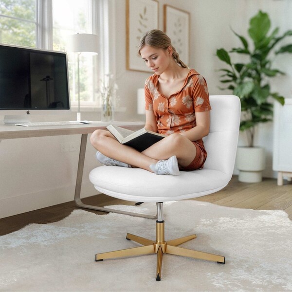 Flash Furniture Chloe Wide Mid-Back White Padded LeatherSoft Armless Office Chair, Swivel Function, Gold Frame - CH-232196-WH-GLD-GG