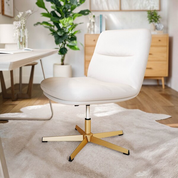 Flash Furniture Chloe Wide Mid-Back White Padded LeatherSoft Armless Office Chair, Swivel Function, Gold Frame - CH-232196-WH-GLD-GG