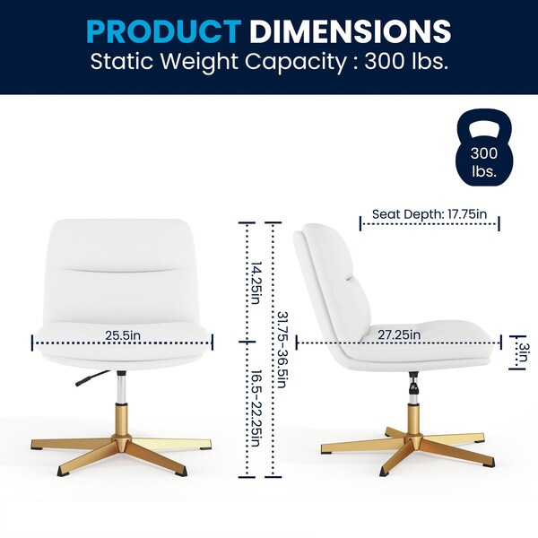 Flash Furniture Chloe Wide Mid-Back White Padded LeatherSoft Armless Office Chair, Swivel Function, Gold Frame - CH-232196-WH-GLD-GG